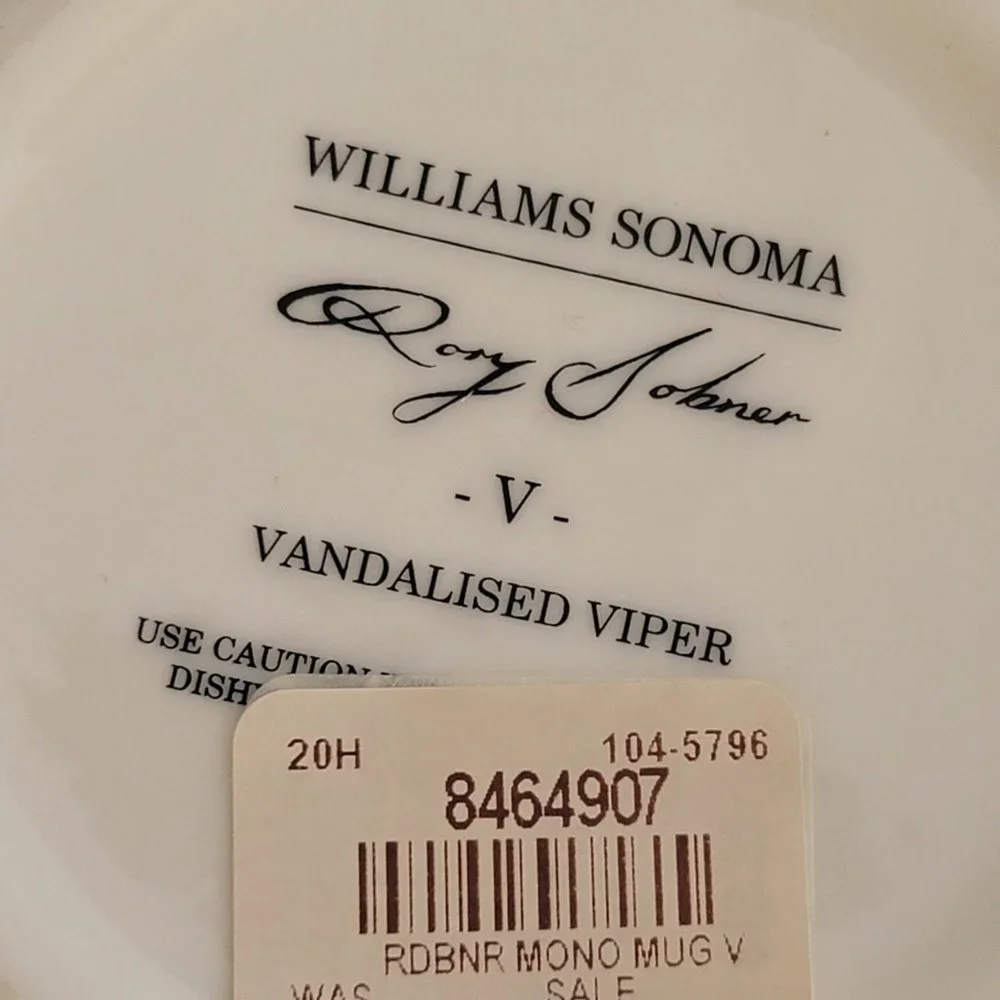 New Williams Sonoma Coffee Mug Cup Vandalized Viper Snake Rory Dobner Letter V